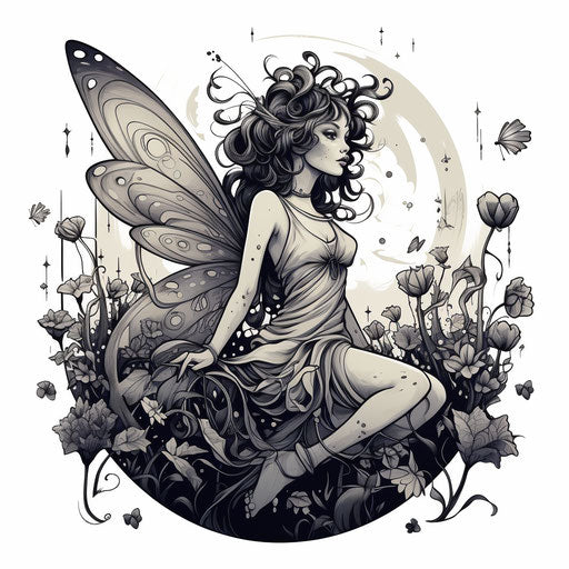 Fairy drawing with wings, meticulous inking style, cartoonish characters