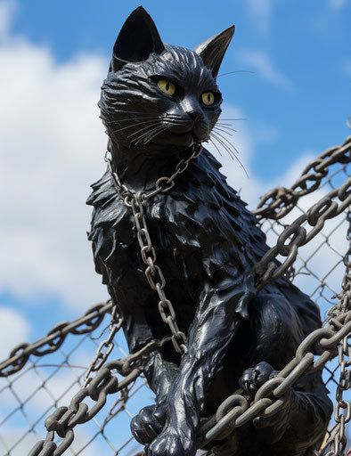 Black cat on chain link fence in house