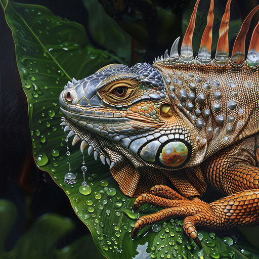 Iguana pausing to drink from droplet-laden leaf, showcasing water's importance in ecosystem