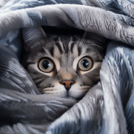 American shorthair cat under blankets peeking head out