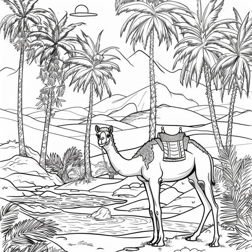 Camel near desert oasis with palm trees, fun scene, coloring