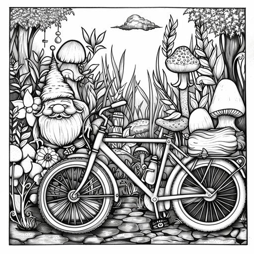 Whimsical bike beside garden gnome and mushroom
