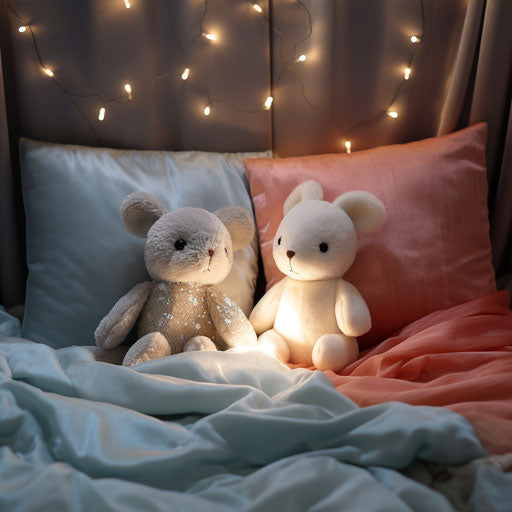 Two stuffed animals lying in bed