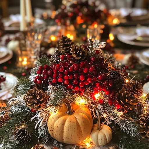 Cranberries in a festive table centerpiece with pinecones, pumpkins, and twinkling fairy lights