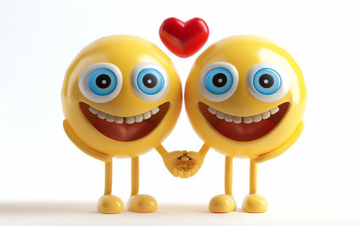 Two cute smiley face characters holding hands and hugging with a red heart