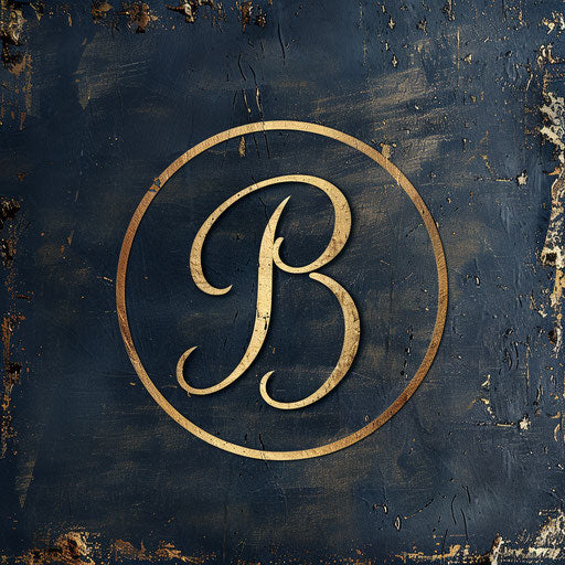 Boutique logo in navy and gold with a textured background