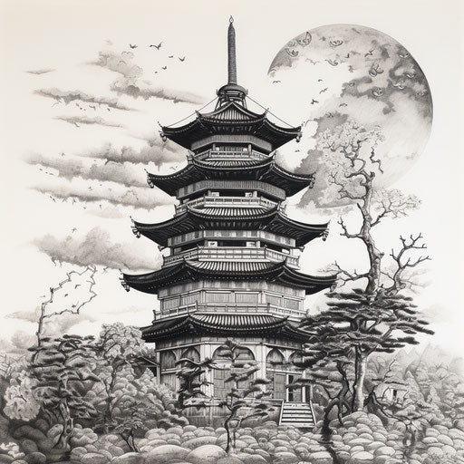Black and white drawing of a pagoda, detailed manga style