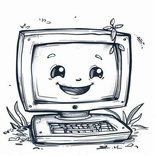 Whimsical cartoon computer with smiling face. Coloring page
