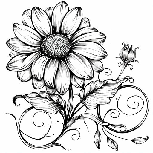 Daisy with swirling vines and leaves