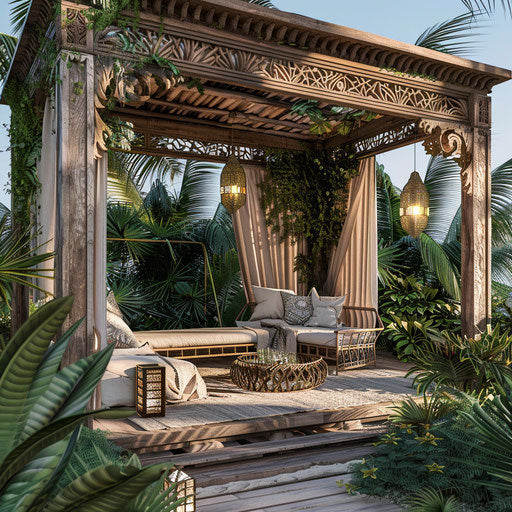 Tropical beach cabana with intricate wooden design and lush greenery