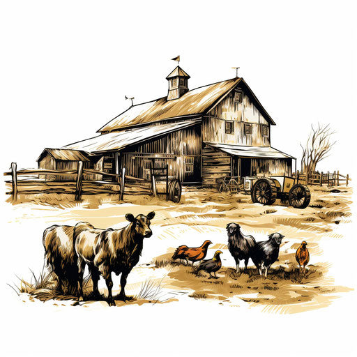 Farm illustration in the style of Chiaroscuro Art, on white background