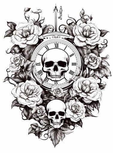 Skulls and flowers on a clock stock vector, in the style of intaglio, symmetry 47:64