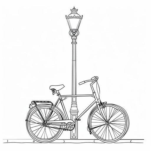 Bike against lamppost, coloring book page