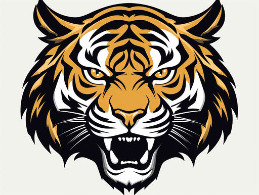 Black and gold tiger head on white background, woodcut style