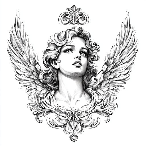 Angel neck tattoo with baroque frame on white background