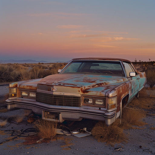Rusty 83 Cadillac Coupe DeVille in an abandoned desert