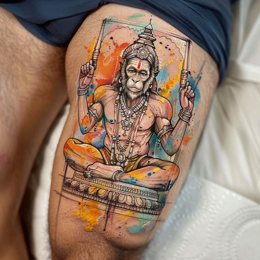 Elegant flat tattoo sketch with watercolor effects of Hanuman praying