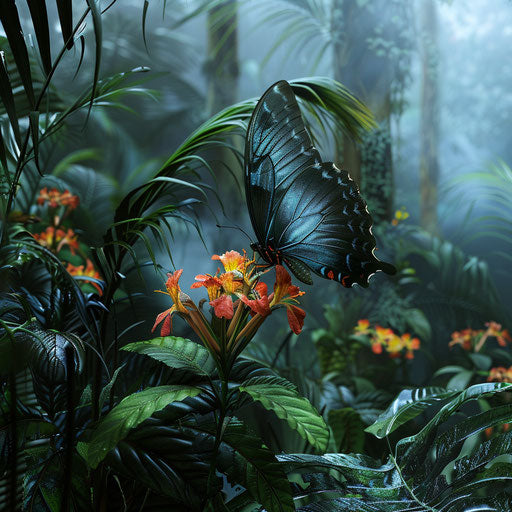 Blue butterfly on colorful tropical flower