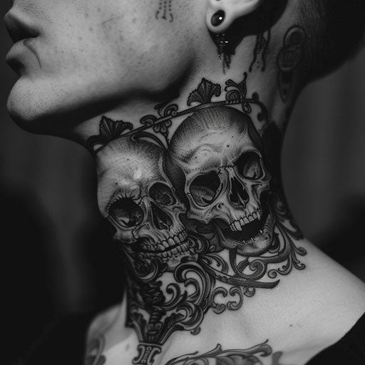 Men's neck tattoo with dark, gothic elements and skulls