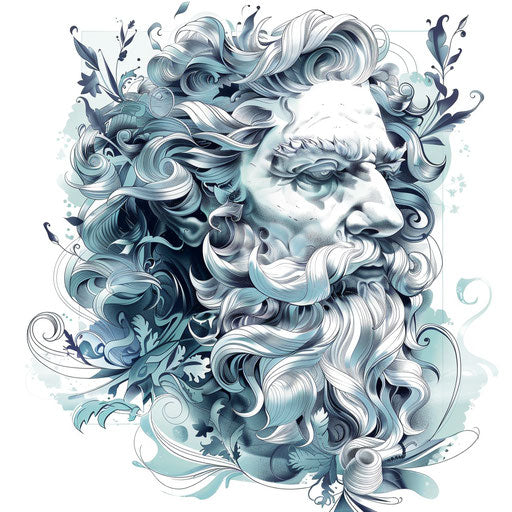 Intricate and vibrant Greek myth tattoo design featuring Zeus on white background