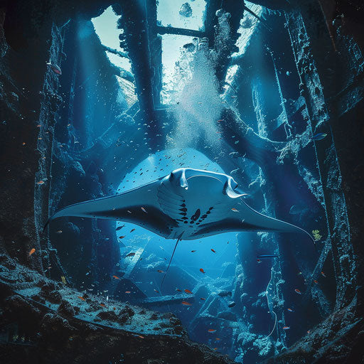 Manta ray navigating through a sunken shipwreck