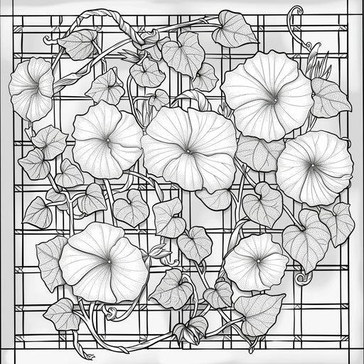 Morning glory vines on trellis, coloring book page