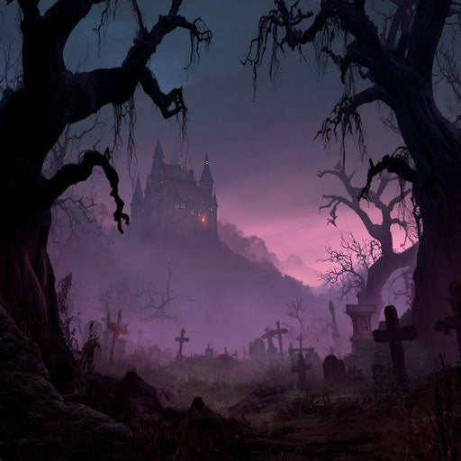 Eerie landscape featuring a mysterious castle