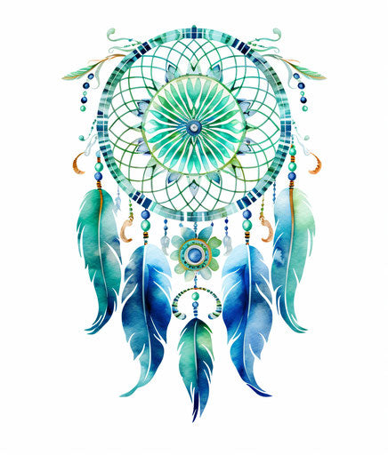 Dream catcher with green feathers and dots on white background