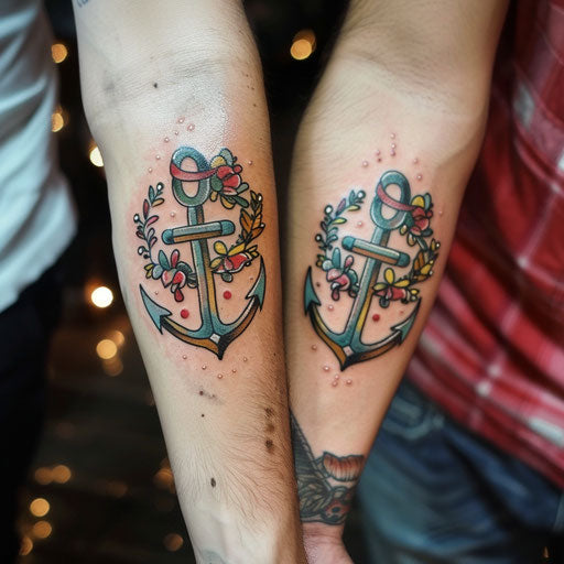 Sibling tattoos inspired by Sailor Jerry with matching anchors
