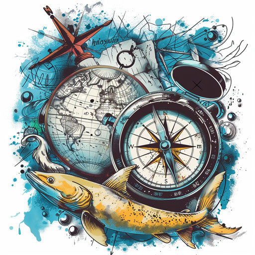 Illustration of fishing-themed compass and map, tattoo style