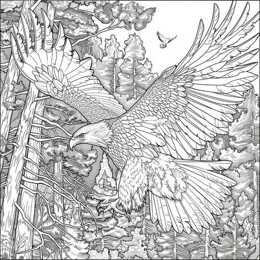 Eagle flying over dense forest with trees and wildlife in drawing