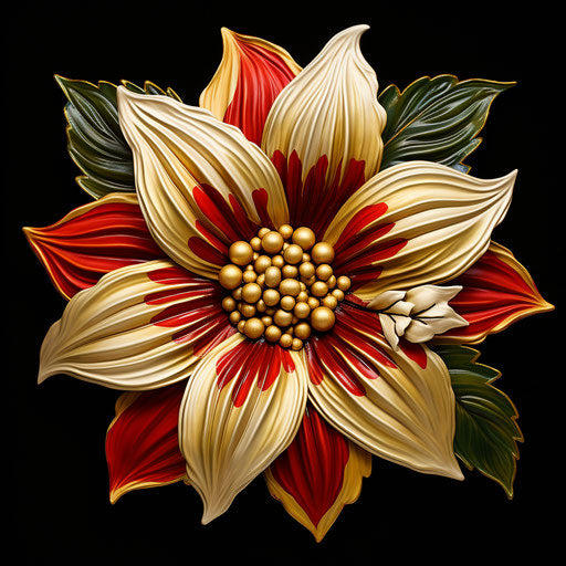 Yellow and gold flower with green leaves, dark red and white style