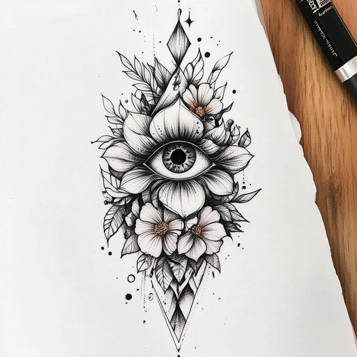 Upper arm tattoo with mystical eye and flowers