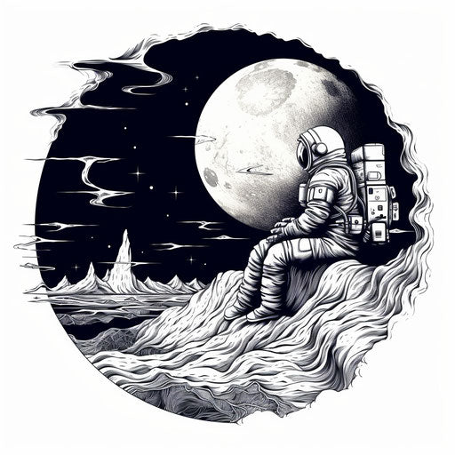Astronaut sitting on the moon, cybermysticpunk style