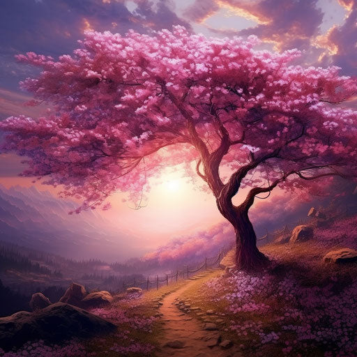 Pink flowered tree in countryside, light purple and emerald, enchanting realms, sunrays