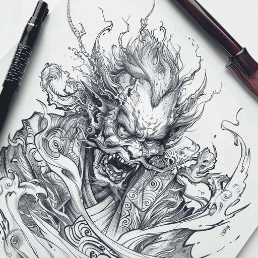 Elegant flat tattoo sketch of a Japanese demon in flowing kimono