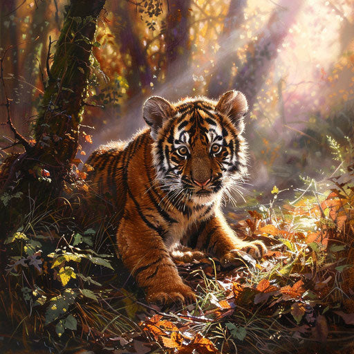 Playful tiger cub exploring vibrant sunlit forest