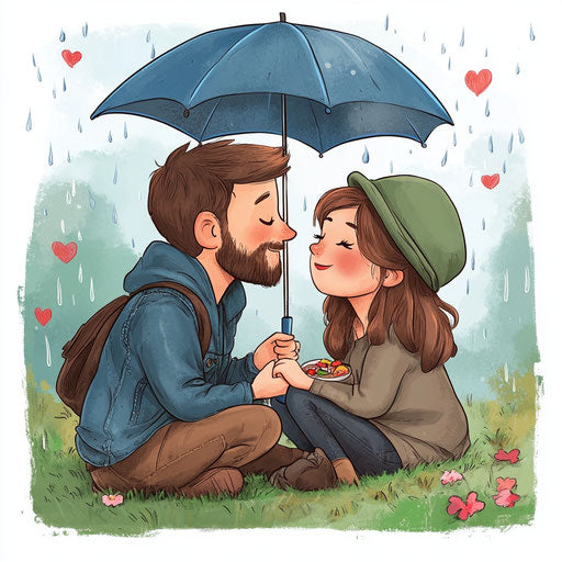 Young couple laughing under umbrellas in park, watercolor style