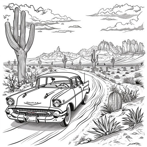 Desert road with vintage car - Coloring book page