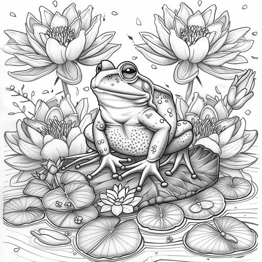 Whimsical frog on lily pad with flowers, coloring book