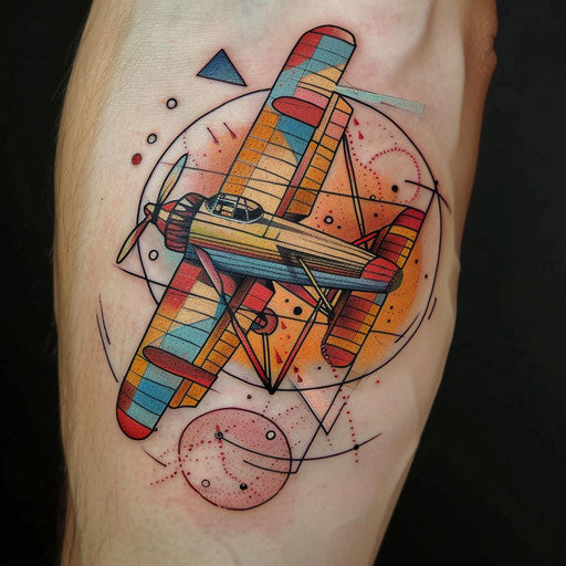Retro tattoo sketch biplane colorful geometric shapes