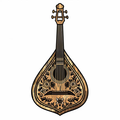 Flat tattoo sketch clipart of a traditional Russian balalaika with wooden tones