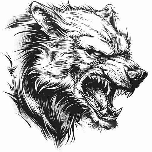 Bold tattoo sketch of a snarling werewolf in clipart style