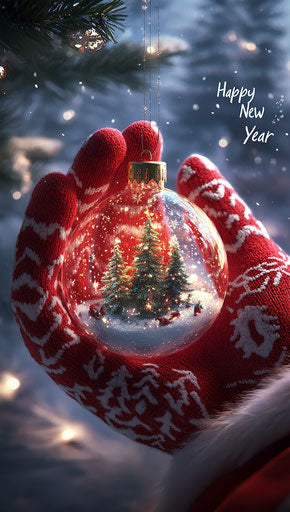 Red and white patterned gloves holding glass ornament with trees