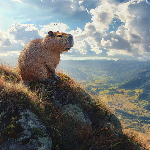 Capybara sitting on a grassy hill with panoramic valley view