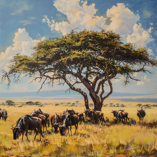Wildebeest seeking shade in harsh savannah