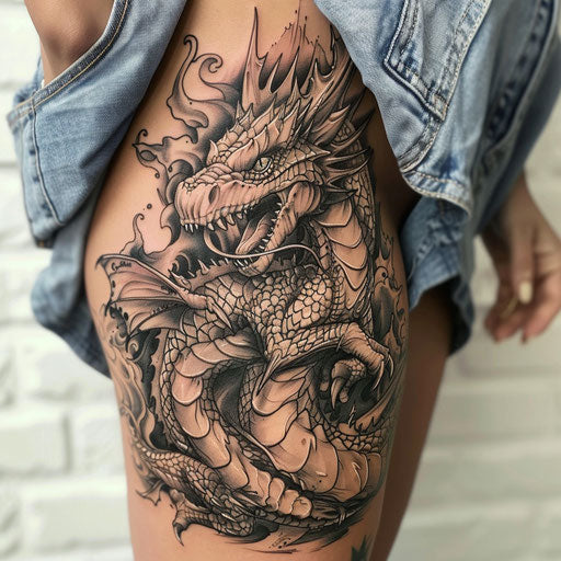 Mythical thigh tattoo, Glenn Fabry style