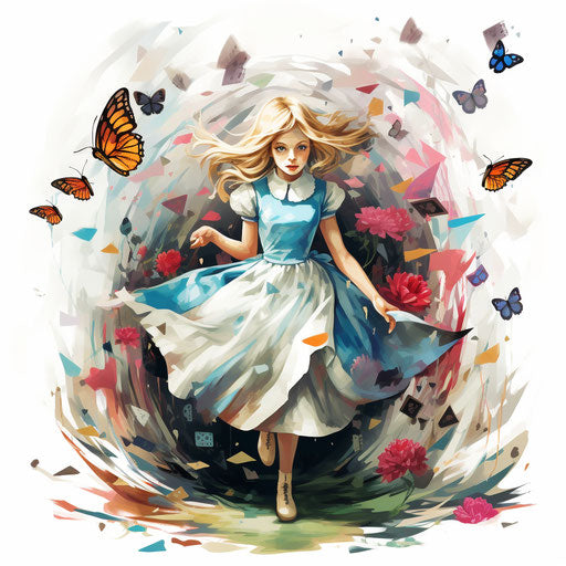 Alice in Wonderland clipart in the style of Impressionistic Art, on a white background