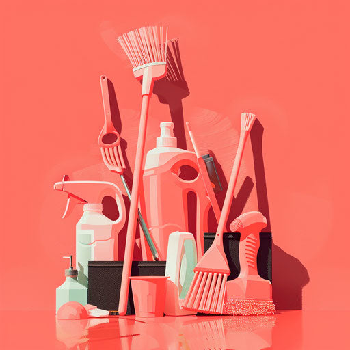 Realistic chores clipart on vibrant coral background