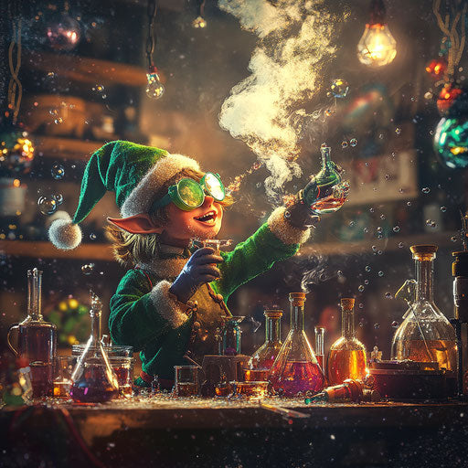 Elf scientist in a lab, mixing colorful magical potions